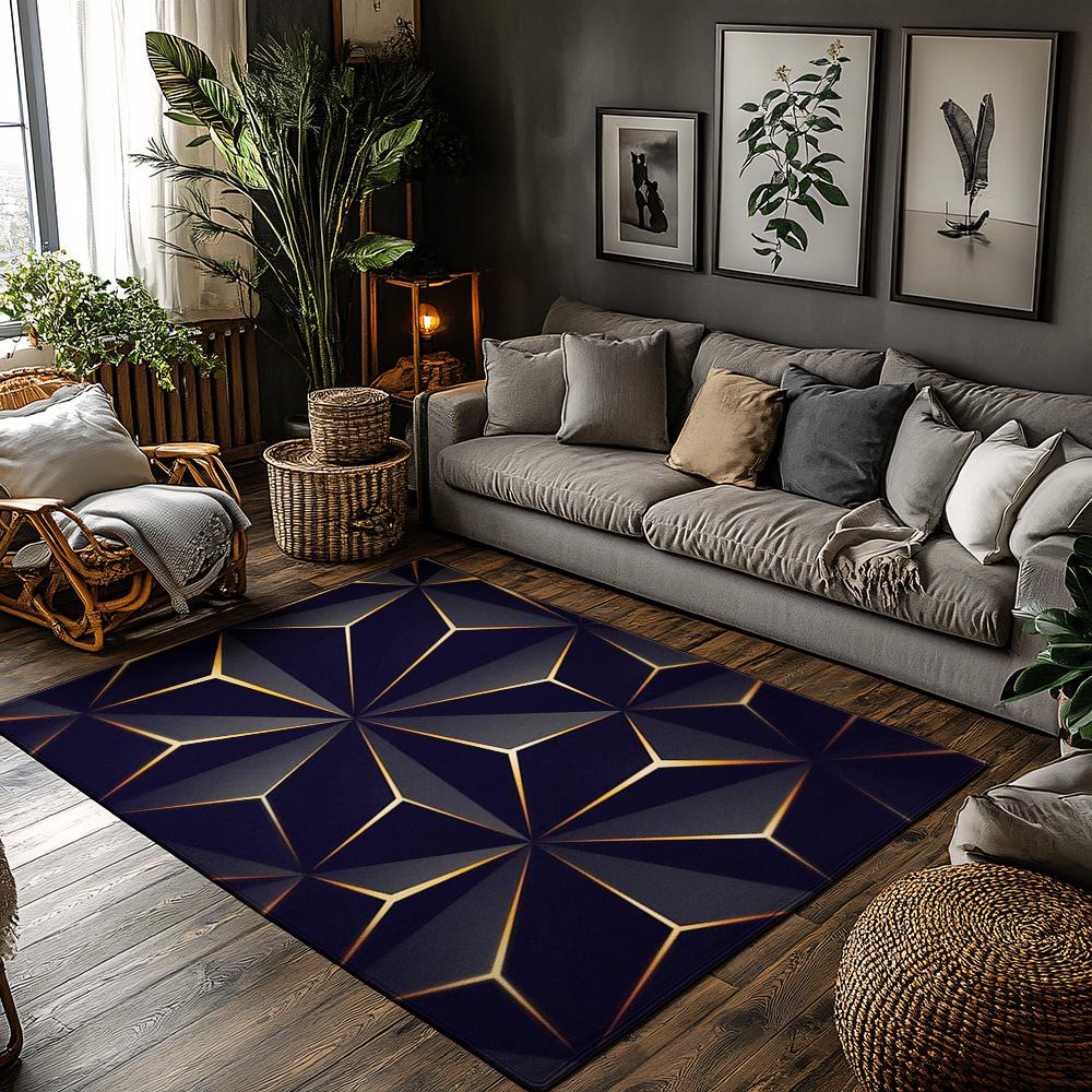 

Royal Blue Geometric Rug, Gold Line Bohemian Carpet for Living Room, Soft Non-Slip Sofa Mat with Luxe Decor 50x80cm