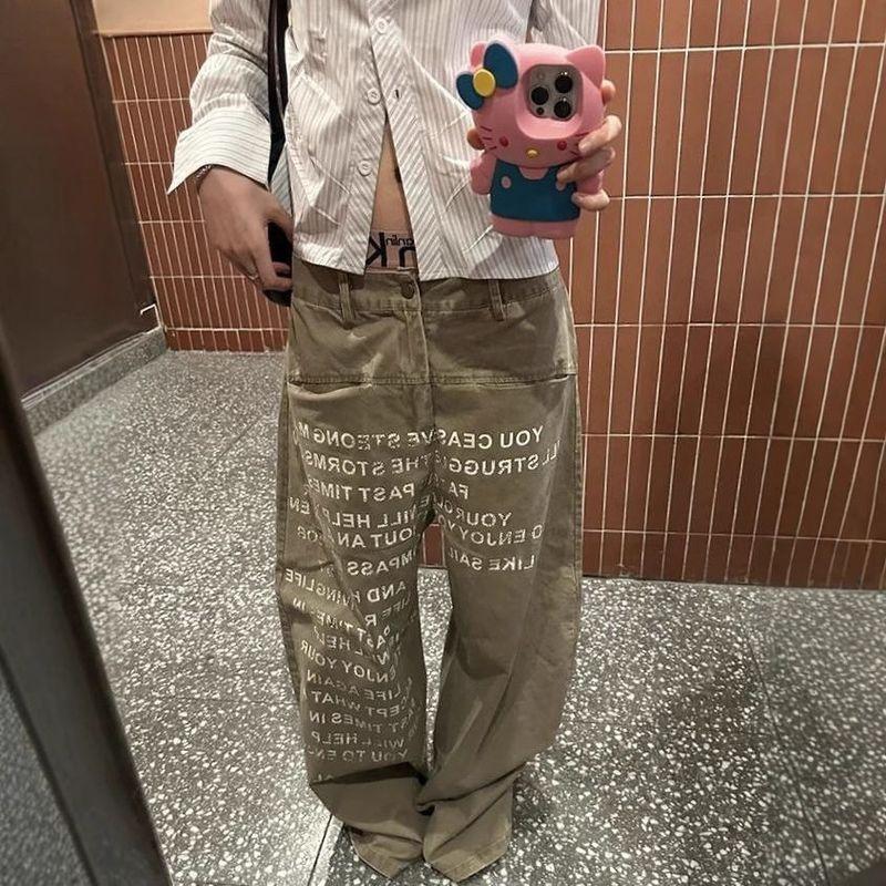 

Cross-Border American Street Style Washed Vintage Letter Print Jeans for Women, Loose Straight-Leg Slimming Drapey Wide-Leg Pants Khaki M