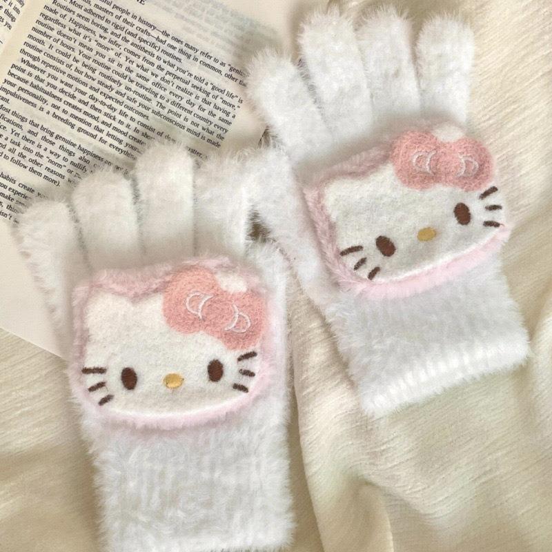 Miffy Rabbit sea salt blue bone girly gloves, cute plush and faux mink, warm split-finger gloves for women