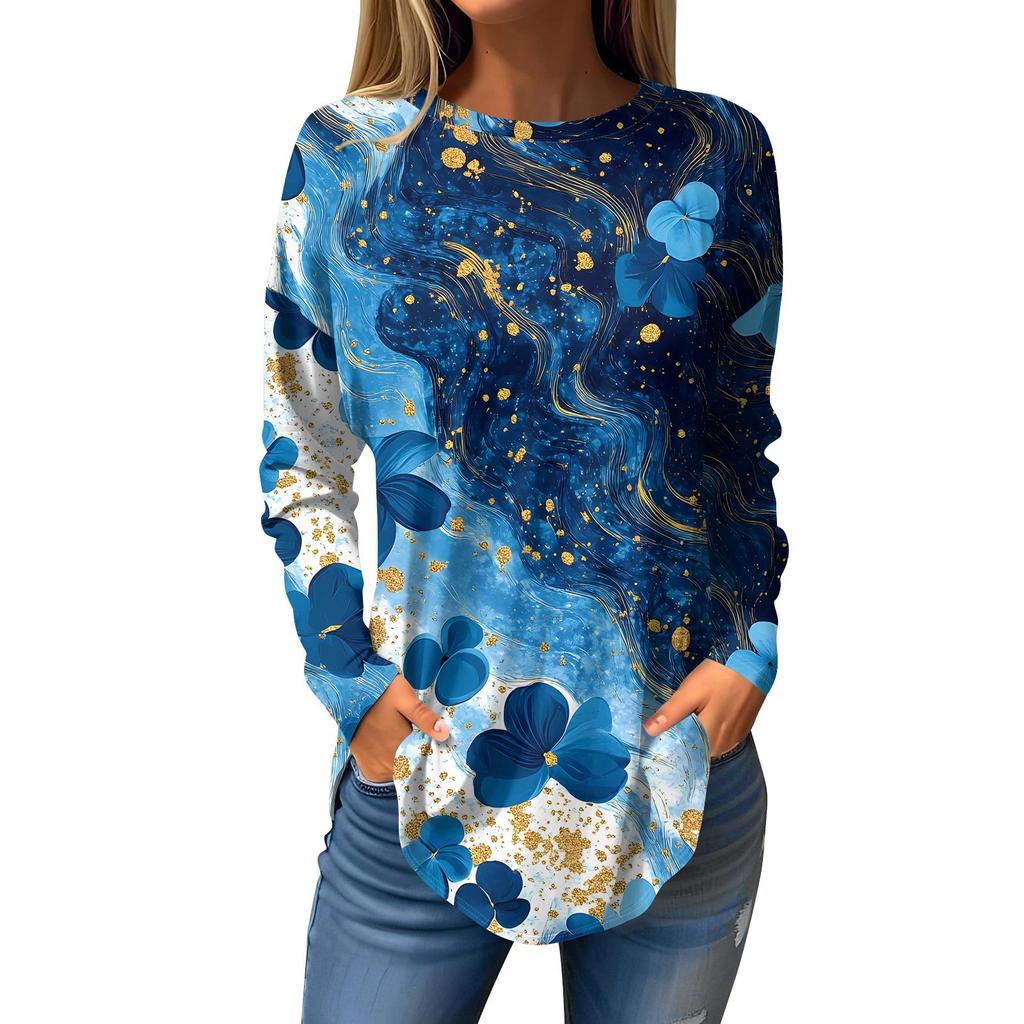 Dames Losse Ronde Hals Print Lange Mouw T-shirt Top Pullover