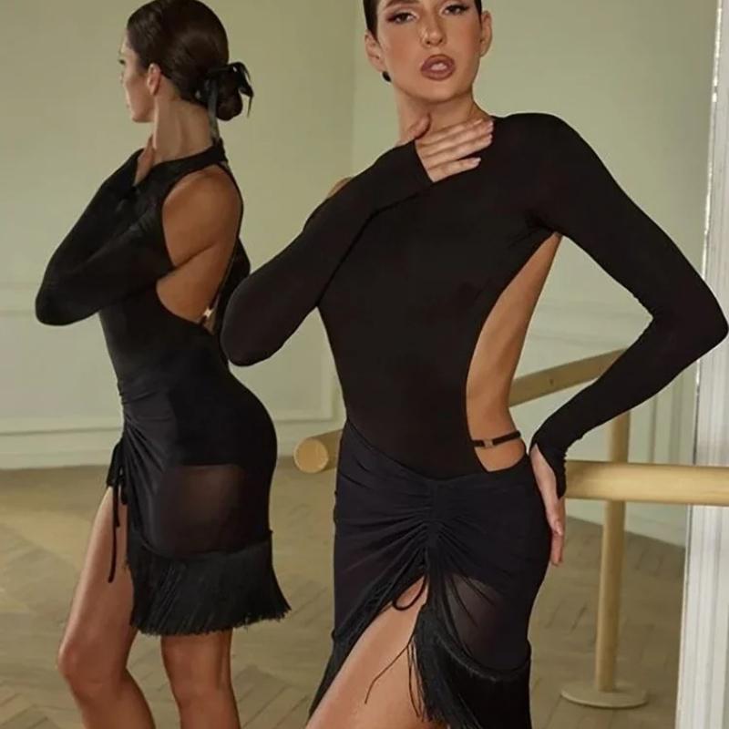 Sexy Latein Tanz Langarm Rückenfrei Oberteil Jumpsuit Body Tanzsport Leotard Latein Training Übung Ausgeschnitten Damen