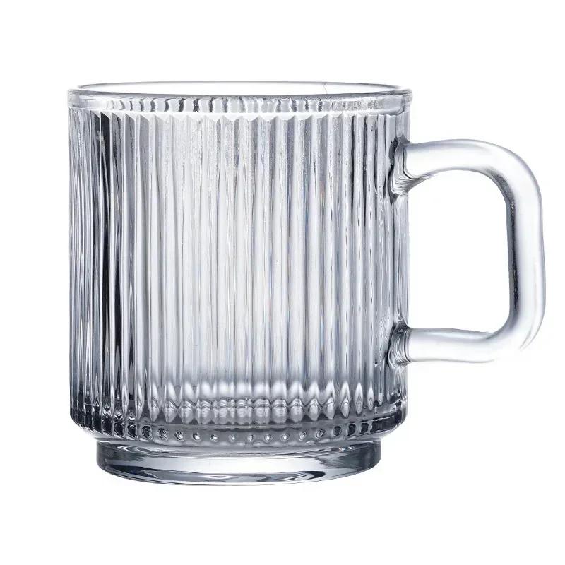 Glass Drinkware 320ml Coffee Mugs Transparent Glass with Handle Tumbler for Home Striped Cup Water Bottle for Women Coffee Cups