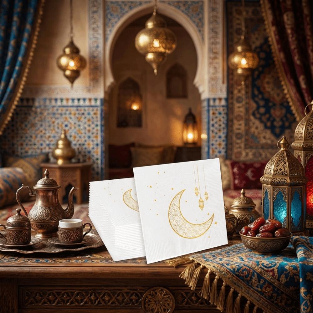 25 stycken dubbellagrade Ramadanfestservetter med måntryck Islamisk bordservis Papper Eid-firanden