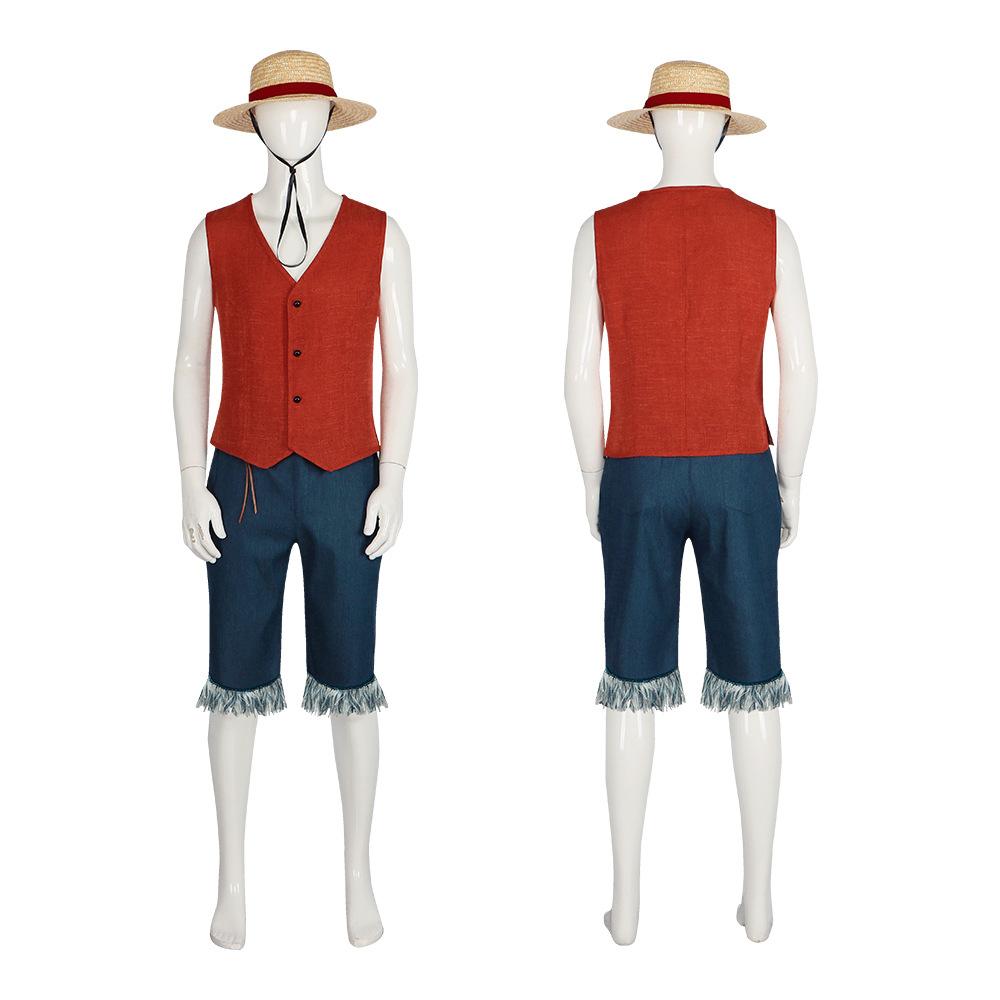 Costume Cosplay Monkey D Luffy pour Homme Adulte Tenue Anime Fête d'Halloween Gilet Rouge Short Chapeau de Paille Ensemble Corde