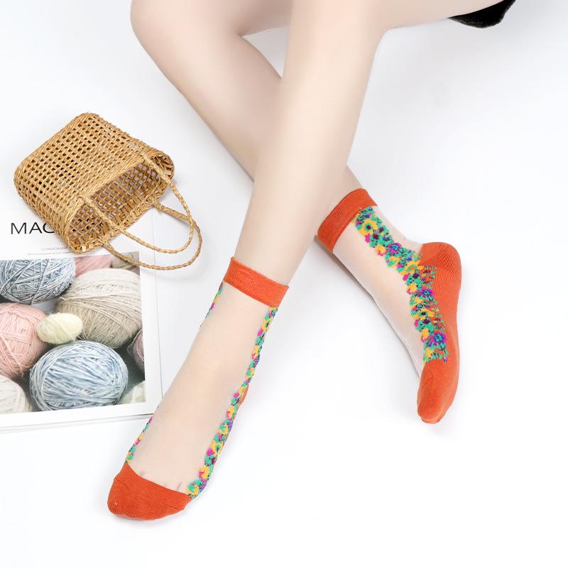 5 Pairs of Ladies Autumn Thin Floral Embroidered Glass Silk Clear Cotton Bottom Crystal Ice Stockings