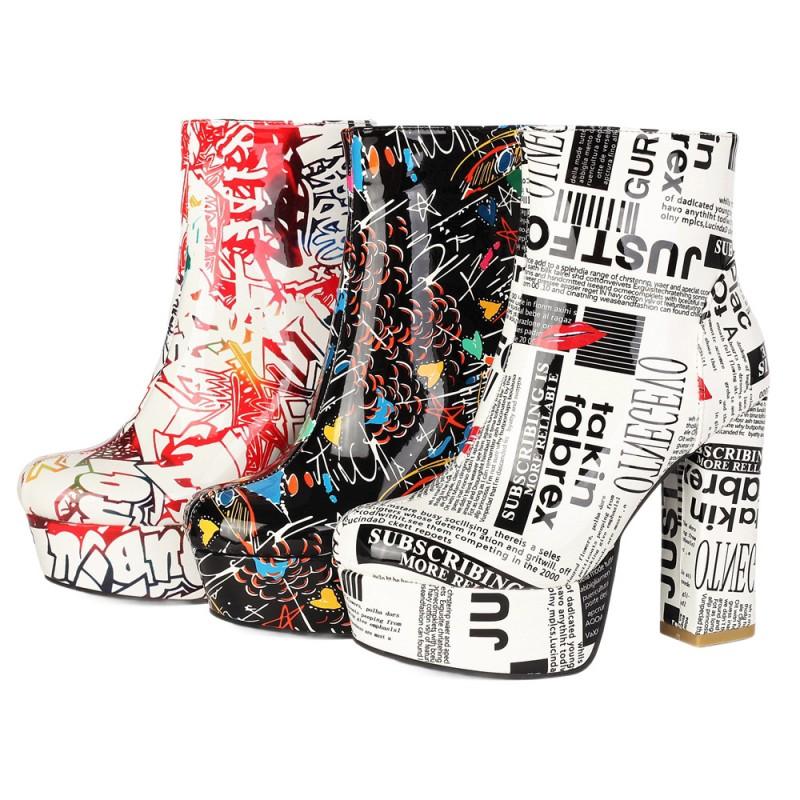 Womens Short Boots Graffiti Print Square Heel Thick Side Zip Ankle Size 34-43
