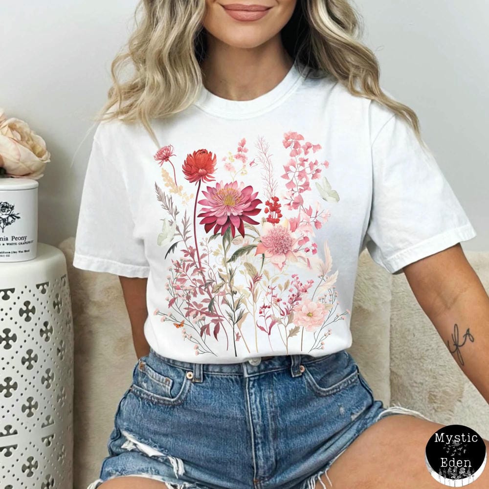 Cottagecore Tshirt Botanical Purple Floral Tee Vintage Boho Wildflowers Comfort TShirt Apparel Trendy Y2K Casual Streetwear