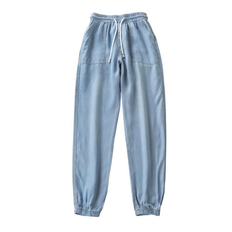 Damskie Letnie Jeansy Jedwabne Lodowe Elastyczne Wysoki Stan Sznurek Haremki Luźne Szerokie Nogawki Jeansowe Spodnie