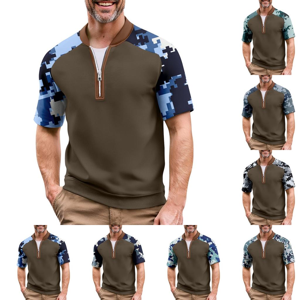 Pánské letní maskáčové ležérní tričko sportovní prodyšné s límcem na zip