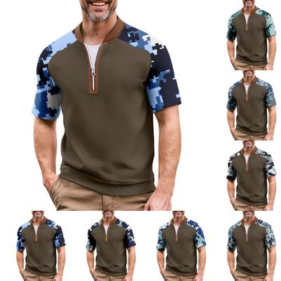 Męski Letni T-shirt w Kolorze Kamuflażu, Casualowy, Sportowy, Oddychający, z Kołnierzykiem na Zamek