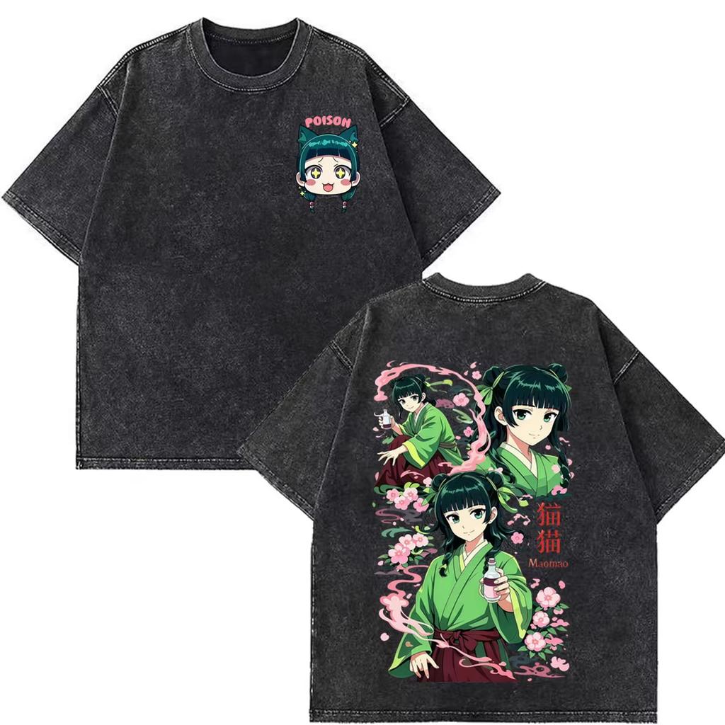 Unisex Mode Lässiges Kurzarm-T-Shirt mit Retro-Waschdruck aus Anime 'The Apothecary Diaries', Perfektes Geschenk für Anime-Fans