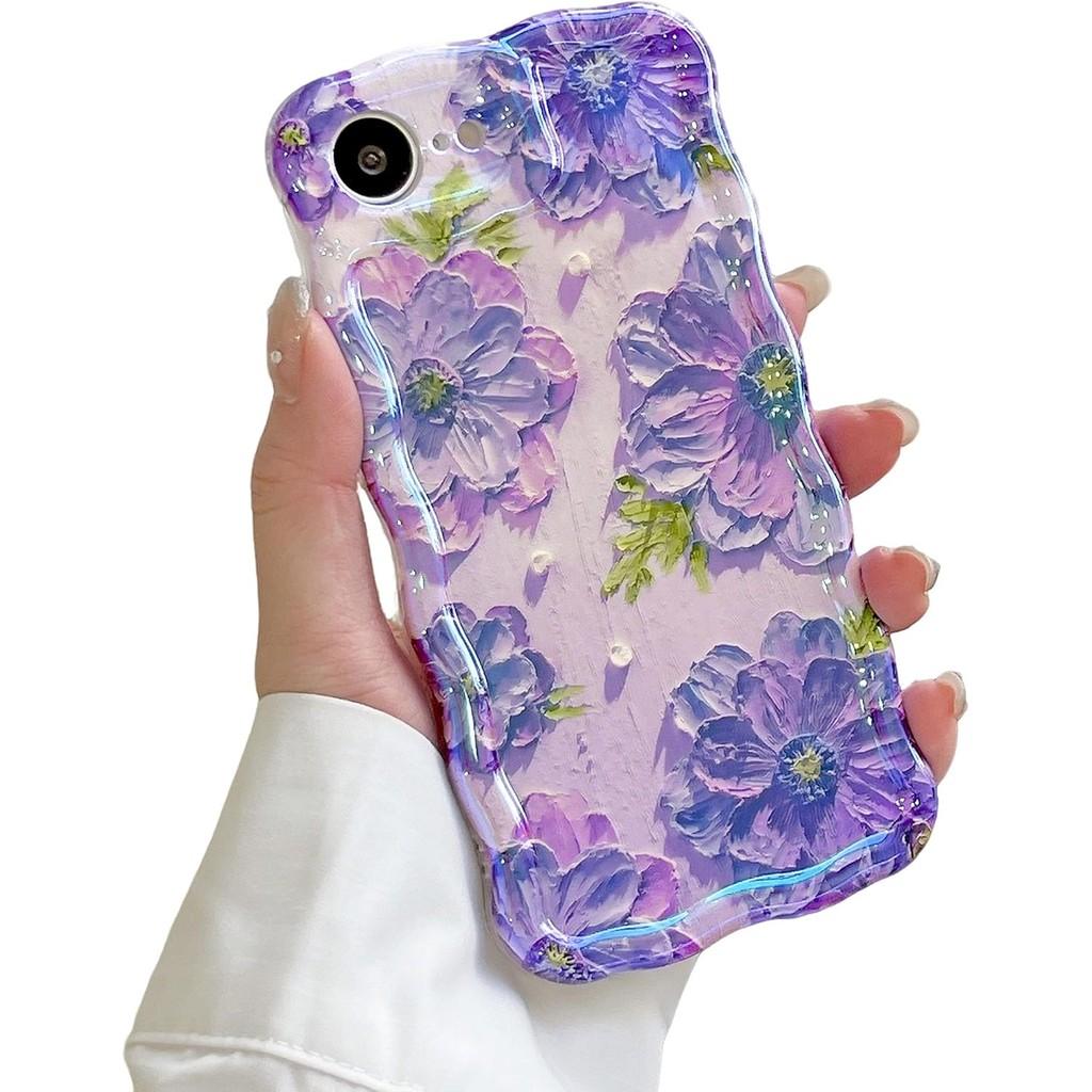 

Для iPhone 16e 16 15 14 Plus 13 12 11 Pro Max масляная живопись напечатанный цветочный узор милый вьющийся волнистый край изысканный чехол для телефона защитный чехол TPU iPhone 16e фиолетовый