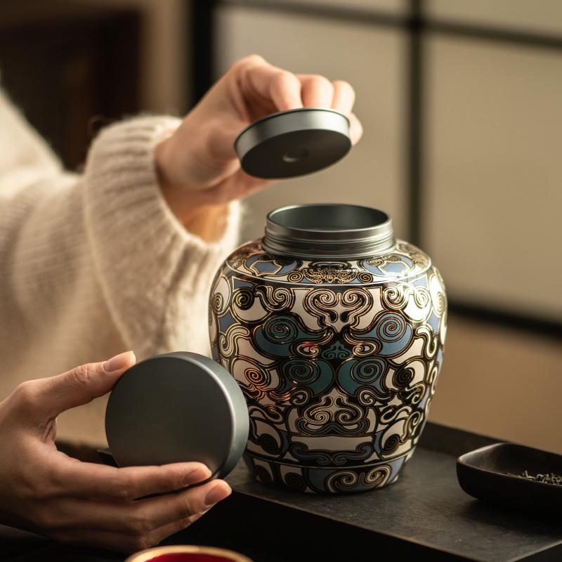 Taotie Ceramic Tea Can with Gold & Silver Inlay - Double-Metal Lid & Sealed Storage, Retro Chinese Design