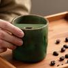 Vintage Keramik-Kaffeebecher mit Strohhalm, Retro Handbemalte Gestreifte Zylinderbecher, Grobkeramik für Heiße Kalte Getränke