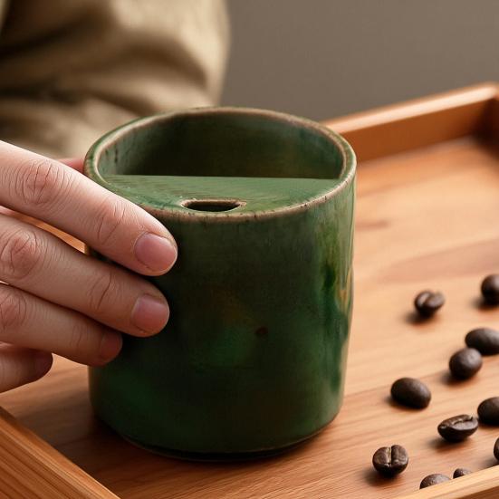 Vintage Keramik-Kaffeebecher mit Strohhalm, Retro Handbemalte Gestreifte Zylinderbecher, Grobkeramik für Heiße Kalte Getränke