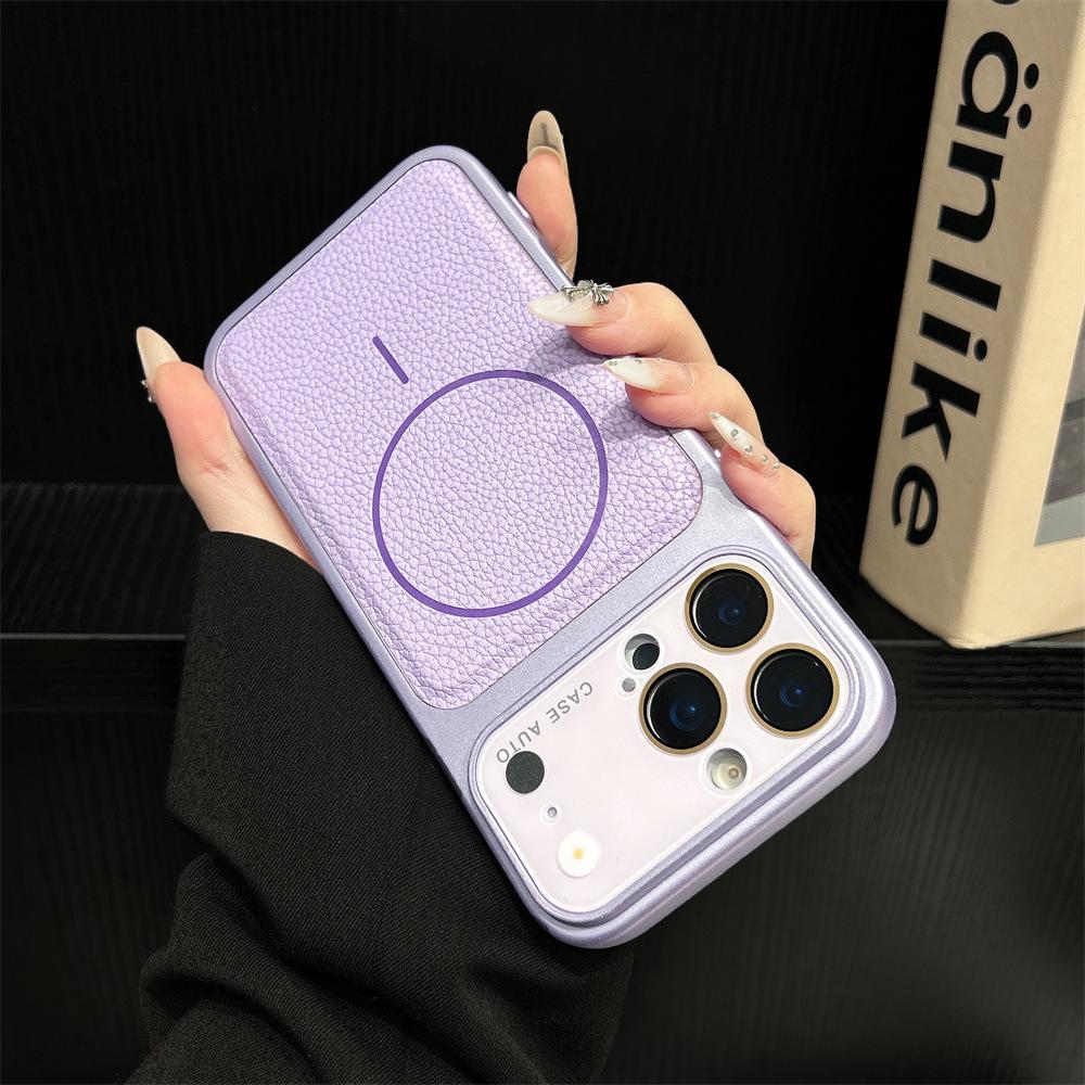 Lychee Pattern Magnetic Snap iPhone16/17Pro Case with Large Lens Protector