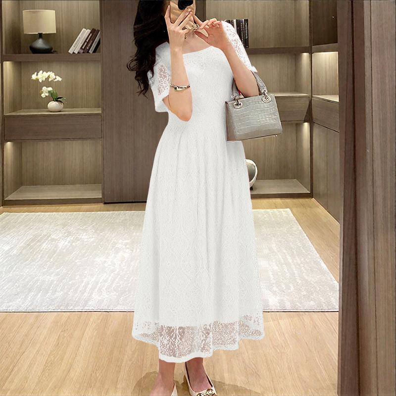 

ZANZEA Элегантное кружевное женское повседневное платье с квадратным вырезом, короткими рукавами и длинной юбкой M белый