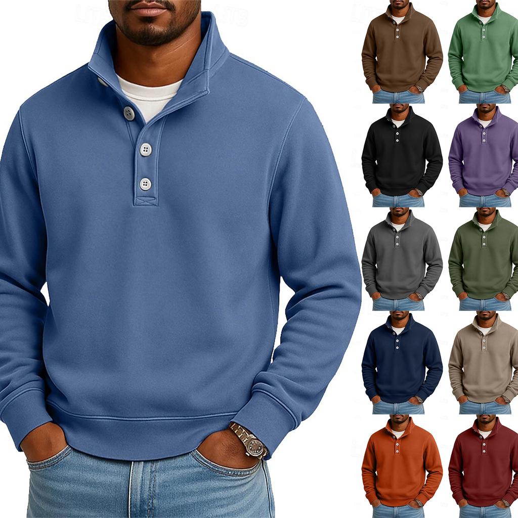 Men's Casual Stand-Up Collar Long-Sleeve Top Solid Color Button-Down Sweatshirt
