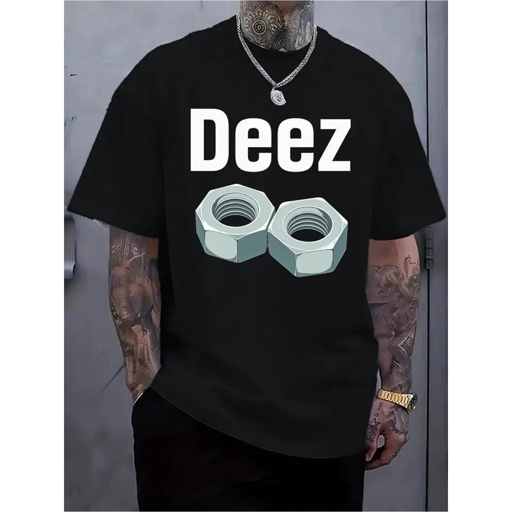 

European Sizes Men s Plus Size Black T-Shirt with Bold DEEZ Graphic & Walnut Nut Design - Breathable Short Sleeve Round Neck Casual Top XXXXXL чорний