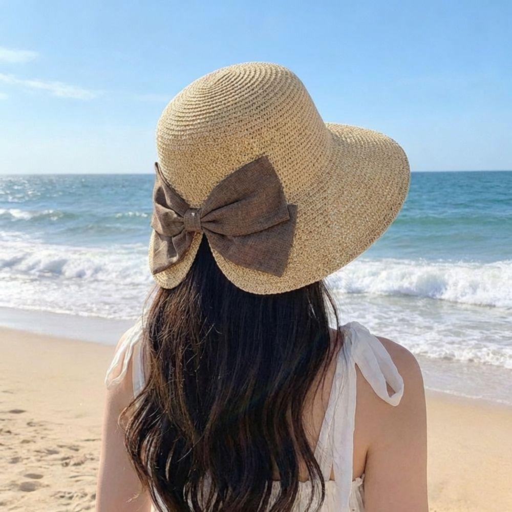 Chapeau de soleil pliable pour femme à large bord, fente arrière, nœud, chapeau de soleil d'été pour la plage, respirant, protection UV, chapeau Panama en paille pour femme