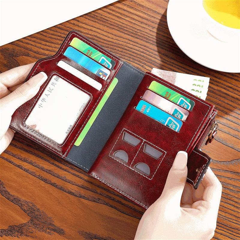 Women Short Wallet RFID Card Holder Retro Oil Wax Leather Wallet Large Capacity Tri-fold Multi Card Slots ID Window Zipper Coin Pocket Foldable Purse