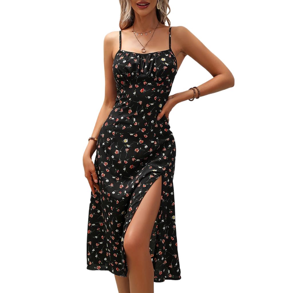 Summer Dresses for Women 2024 Casual Spaghetti Strap Sundresses Polka Dot Slim Fit Split Knee Length Boho Dress