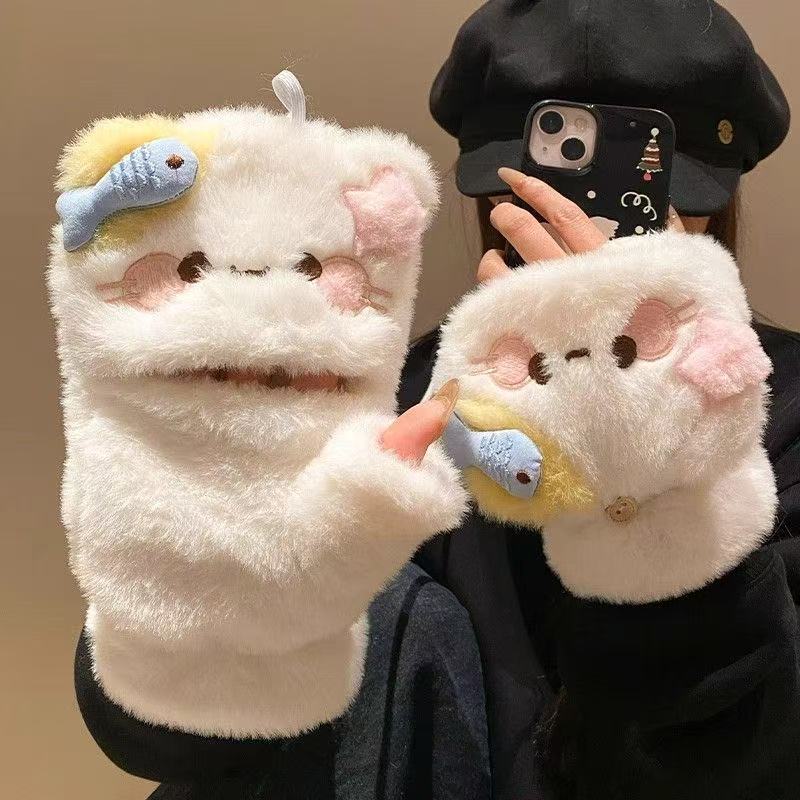 Cute Cartoon Cat Plush Gloves for Girls Winter Flip Cover Half-finger Touch Screen Thickened Warm and Adorable Riding Gloves New