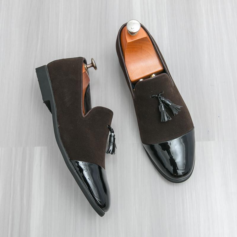 Men Loafers Leather Individuality Formal Business Shoes Coffee Slip On Flats Wedding Dress Prom Shoes Over Sized