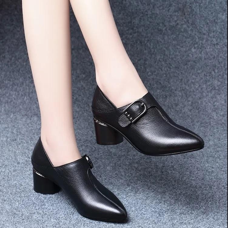 Zapatos De Mujer women black plaid pointed toe pu leather slip on square heel shoes lady classic sweet shoes a6956