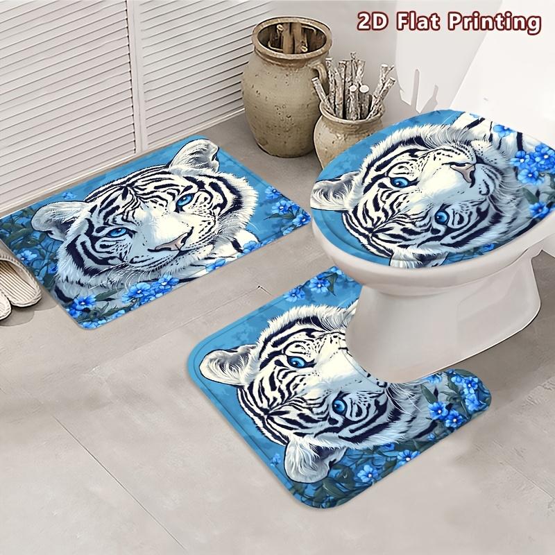 4Pcs White Siberian Tiger Shower Curtain Set with Non-Slip Bath Mat, Toilet Lid Cover, Contour Rug & 12 Hooks, Bathroom Decor