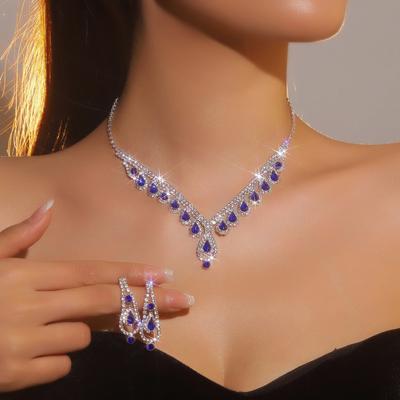 Luxury Sparkle Diamond Necklace Earrings Set, Blue Necklace Earrings Two-piece Set, Bridal Jewelry