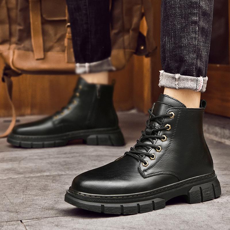 Snow Boots Men'S Warm Winter High-Top Martin Boots Versatile First-Layer Cowhide Velvet Leather Boots Large Size Martin Boots