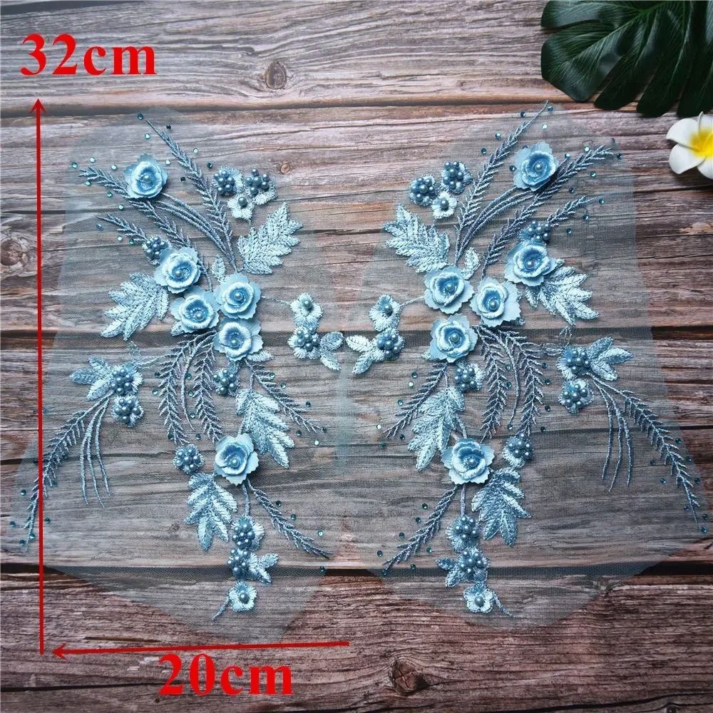 Appliques Sew White Black Wedding Gown Appliques 3D Flower Tassel Beads Lace Appliques Sew Patch