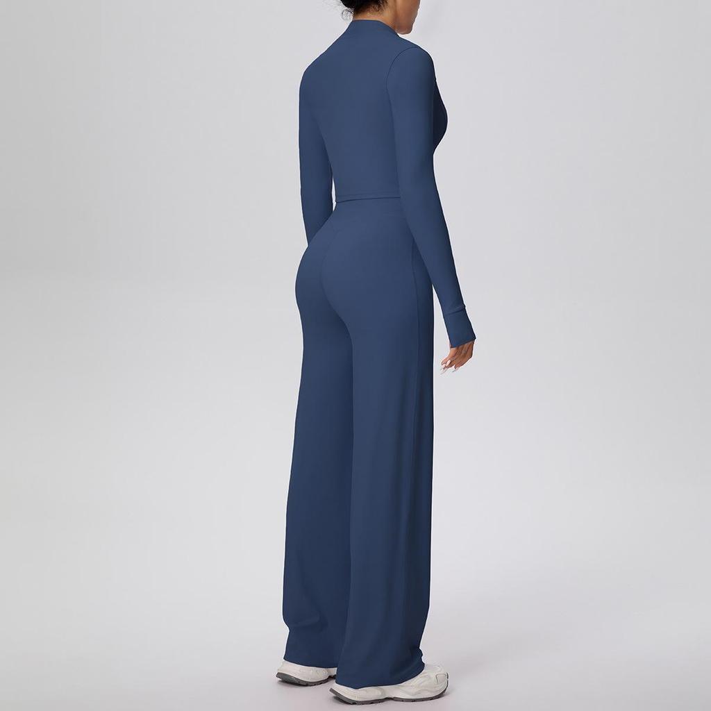 New Cross-border Solid Color Zip Jacket & Wide Leg Yoga Suit - Two-piece Fitness Set