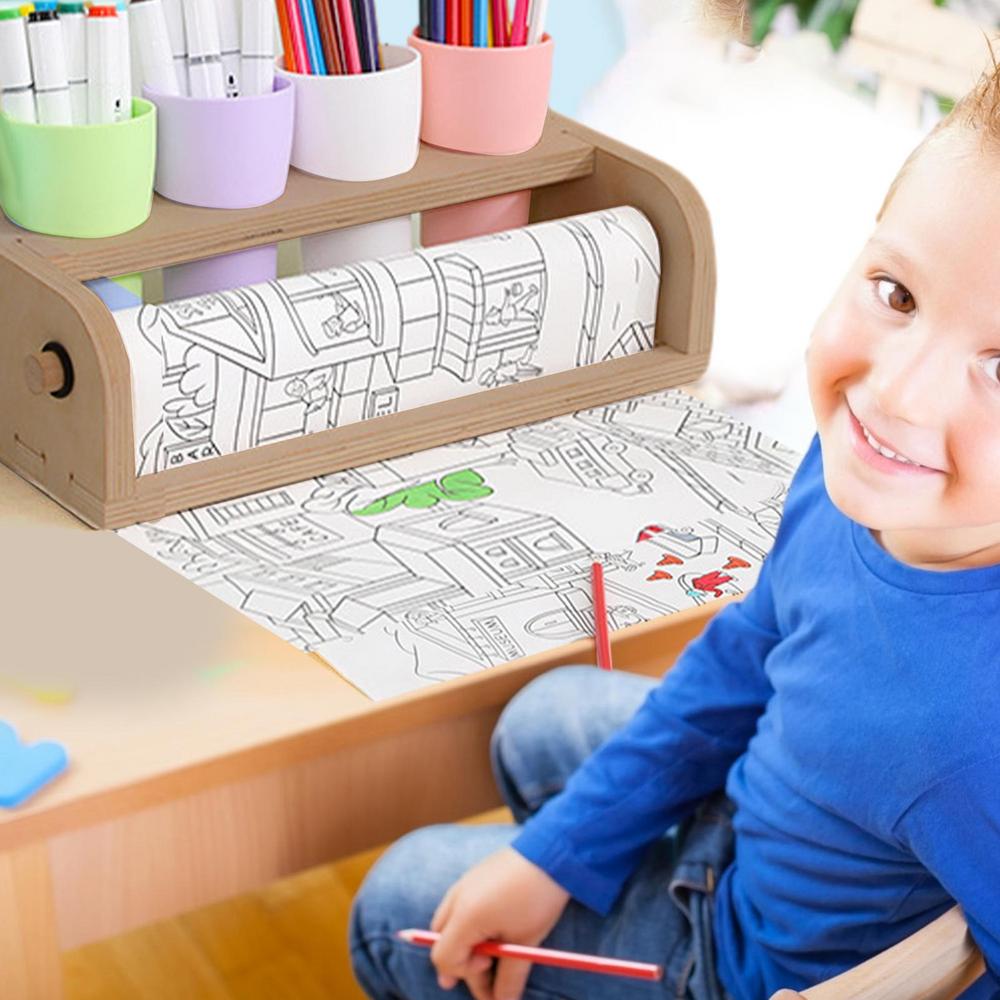 Drawing Paper Roll Holder Art Painting Paper Roll Stand With Pencil Holder Cups Wooden Parchment Dispenser Drawing Art Supplies