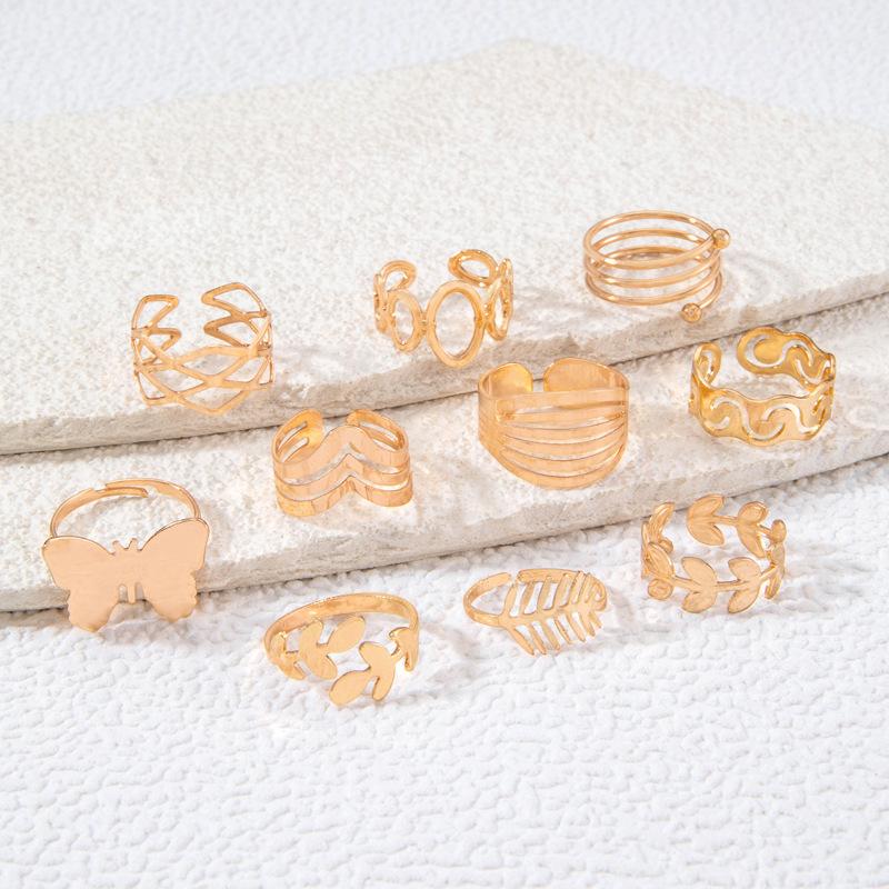 New Ins Wind Butterfly Metal Ring Set Personalized Leaf Geometric Ring Multi-piece Set