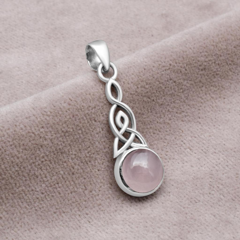 Naturlig Rosenkvarts 10mm Rund Ädelsten Keltisk Knut Triquetra Hänge 925 Sterlingsilver Hänge För Kvinnor & Flickor