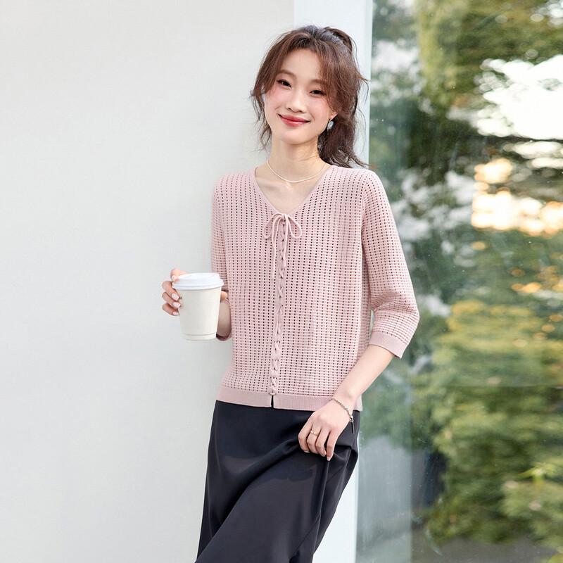 

Women s V-Neck Hollow Knit Drawstring Top L