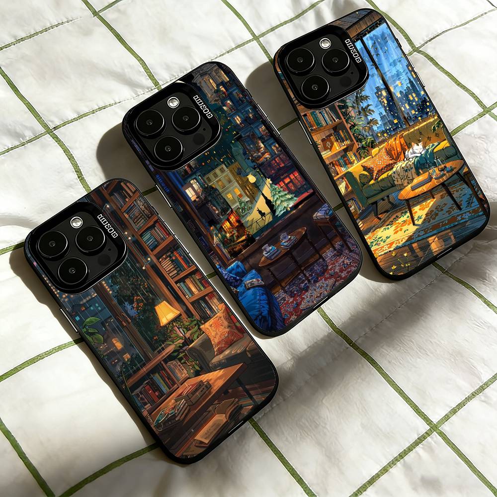 Coffee-Study Book illustration Phone Case For iPhone 17,16,15,14,13,12,11 Plus,Pro Max,XS,Colorful Silver Phone case Funda Cover