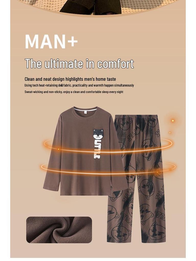 Men's Warm Velvet Pajamas - Casual Long-Sleeve Cartoon Print, Autumn/Winter, Loose Fit, Round Neck, Suitable for Teenagers and Children.