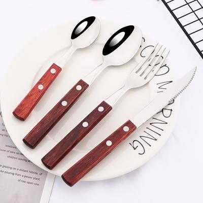 4/8/16/24 Pz Set di posate con manico in legno marrone Coltello da bistecca in acciaio inossidabile Forchetta Cucchiaio Argenteria Set di stoviglie per la festa Picnic