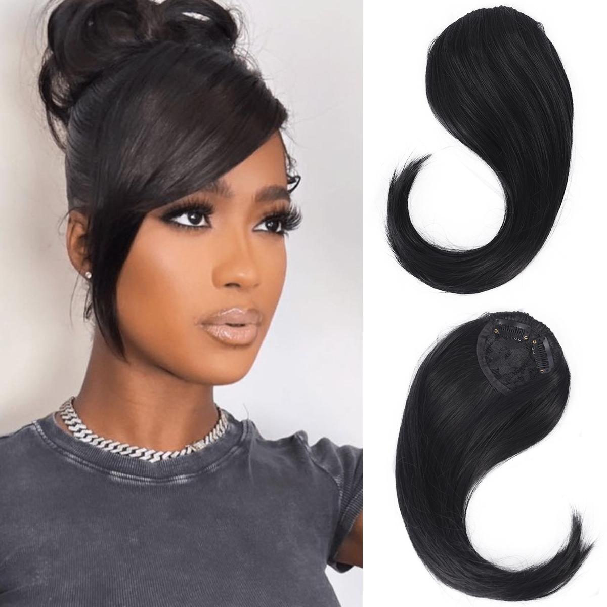 

Natural Straight Synthetic Side Bangs Hair Extensions Clip In Side Bangs Fake Fringe Hairpiece Heat Resistant Black Blonde False Hair