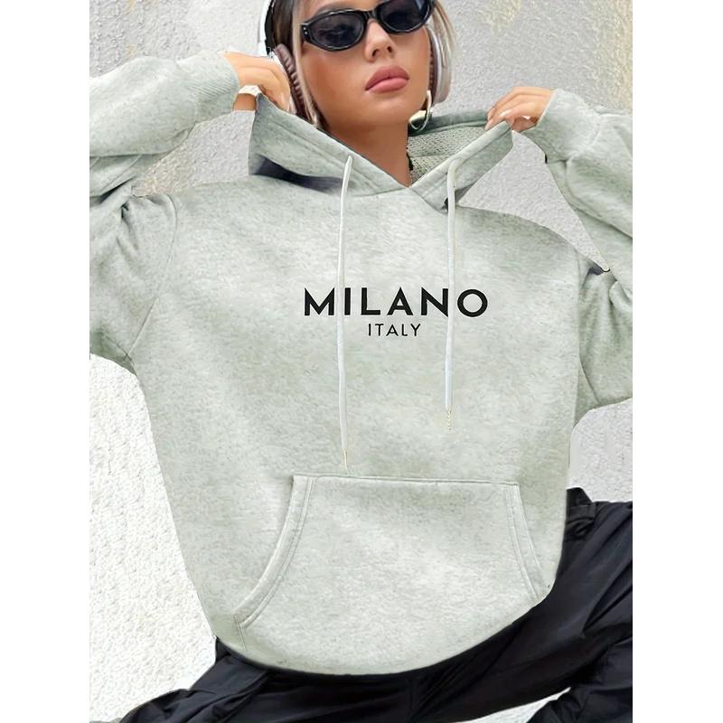 Women's Casual Fashion Hoodie Sweatshirt MILANO ITALY Print Round Neck Long Sleeved Autumn and Winter Warm Regular Version