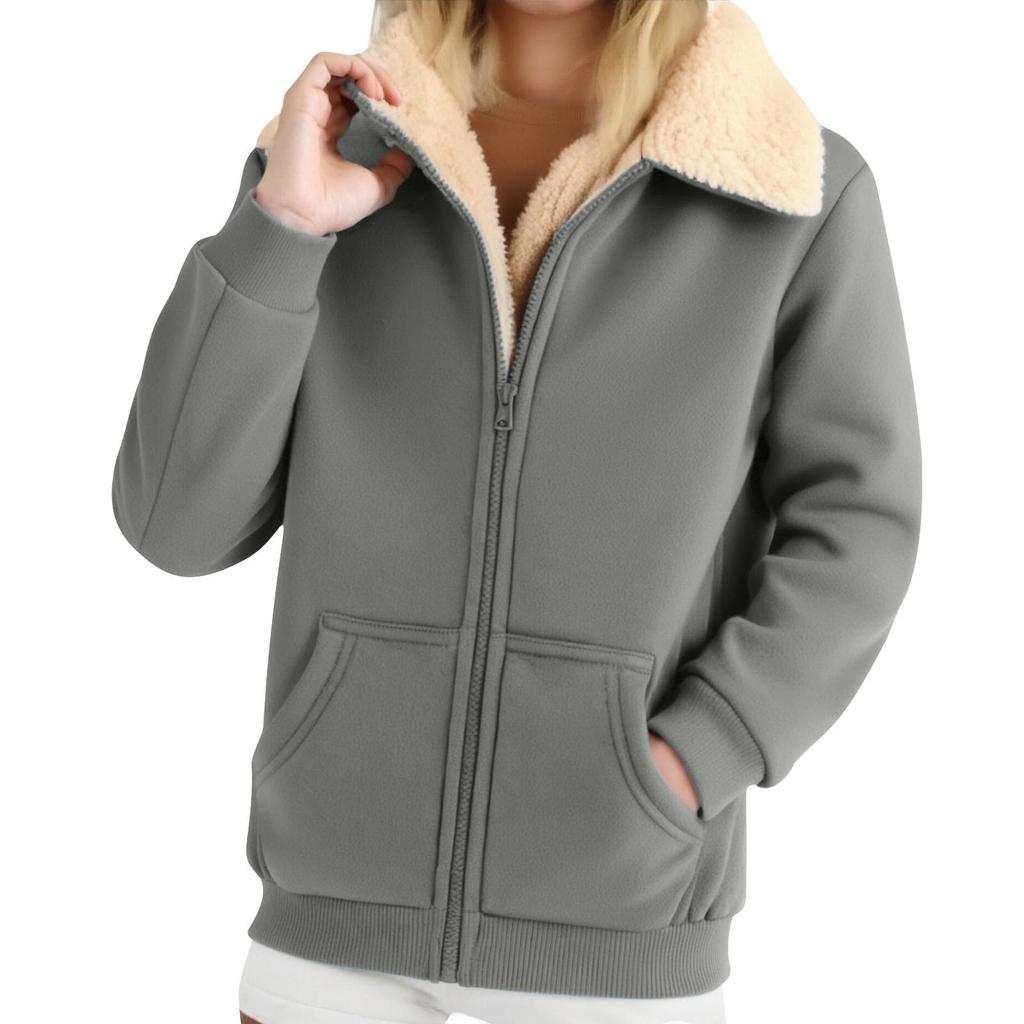Women's Casual Full Zip Up Jacket Sweatshirt Coat Lapel Collar Solid Color Coats Warm Clothes With Pockets