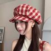 Korean Retro Plaid Beret Hat For Women Y2K Contrast Color Checked Beanie Cap Summer Travel Versatile Face Slimming Hat