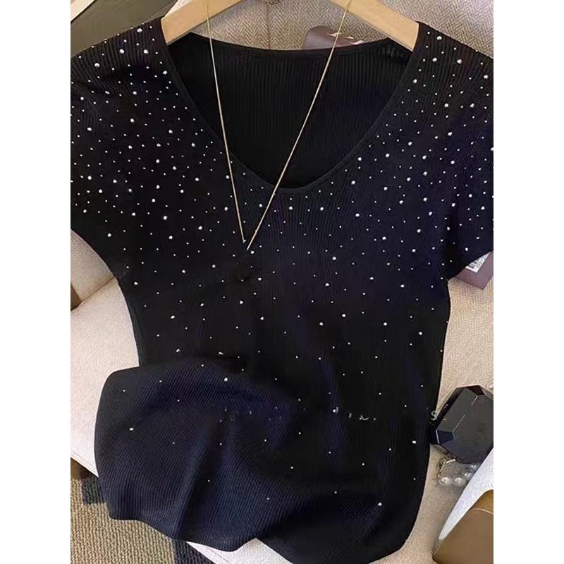 Sommer Neues Schlankes Leichtes Strickoberteil mit Vielseitigem Strass-V-Ausschnitt Kurzärmelige Bluse für Damen