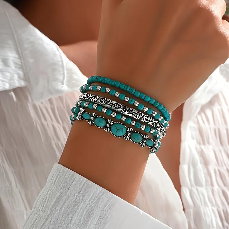 Boho-Stil Türkis Mehrschichtiges Armband-Set, Vintage Elastisches Faden-Armband, Handgefertigter Perlen-Ethno-Schmuck