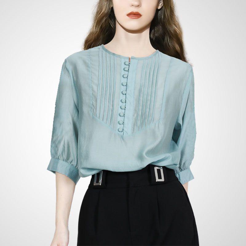 

Chic Tencel Thin Niche Style Fancy French Shirt Blue-Green L