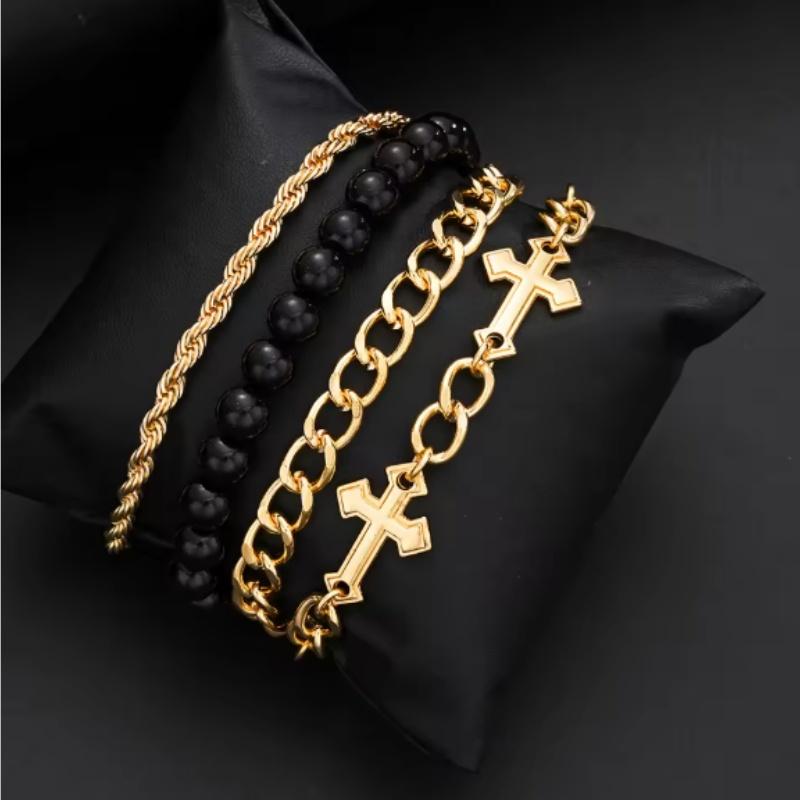 4 Pcs Stainless Steel Bracelet Set For Men Women Punk Fashion Cross Beads Chain Bracelets Simple Hip Hop Unisex Jewelry Gift