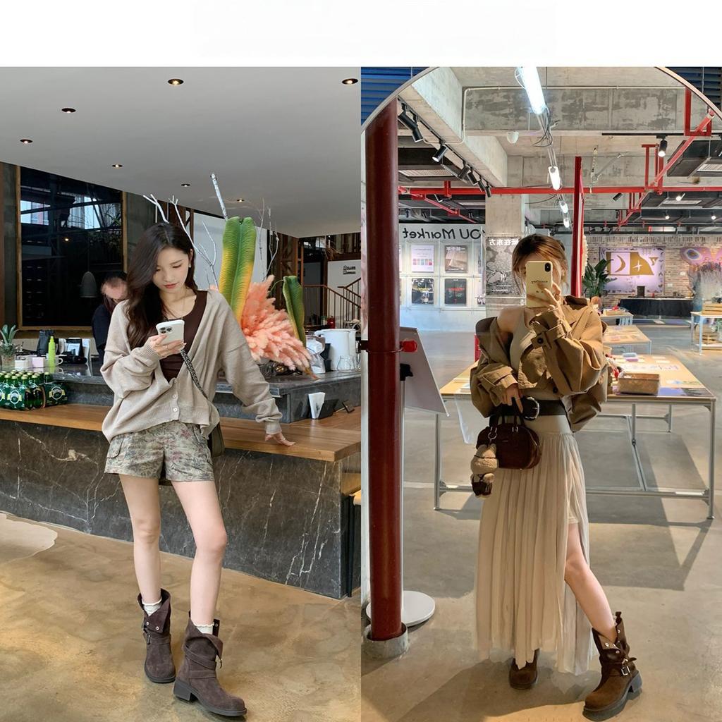 5.5Cm~ Height-increasing Merad Thick-heeled Thick-soled Medium Boots 2025 New Buckle-strapped Suede Short Boots Women's Autumn